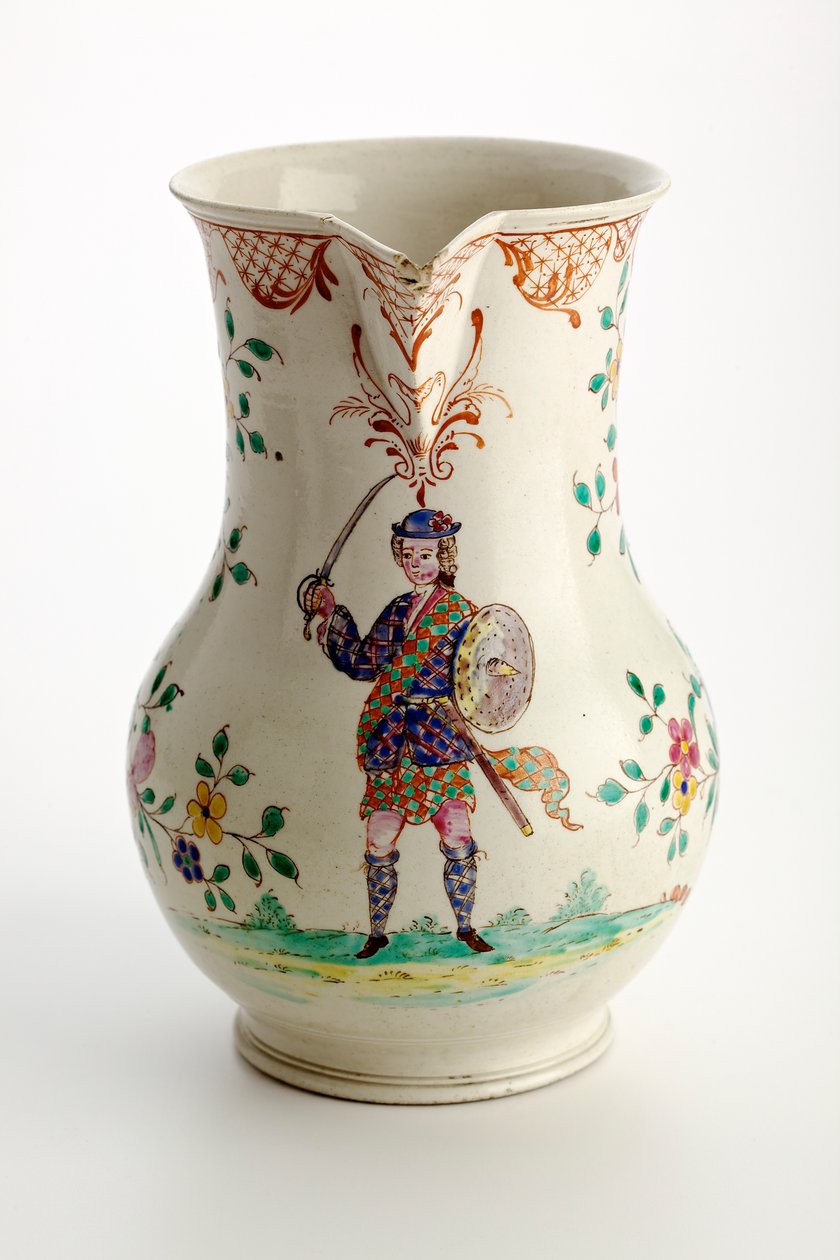 Dzbanek Staffordshire ozdobiony figurą w stroju góralskim, 1755 (ceramika glazurowana solą) autorstwa English School