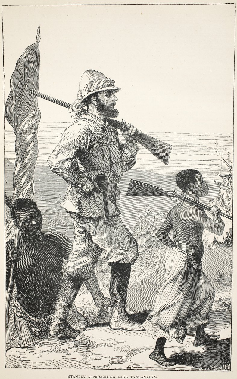 Stanley zbliża się do jeziora Tanganika, ilustracja z The Pictorial Edition of the Life and Discoveries of David Livingstone autorstwa J. Ewing Richie, wyd. przez A. Fullartona & Co., 1876 autorstwa English School