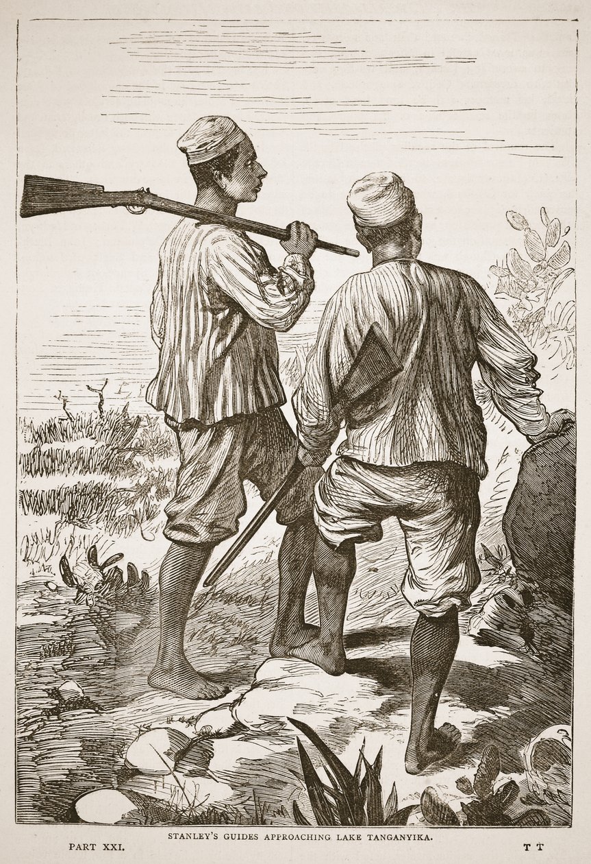 Przewodnicy Stanleya zbliżający się do jeziora Tanganika, ilustracja z The Pictorial Edition of the Life and Discoveries of David Livingstone autorstwa J. Ewing Richie, wyd. przez A. Fullartona & Co., 1876 autorstwa English School