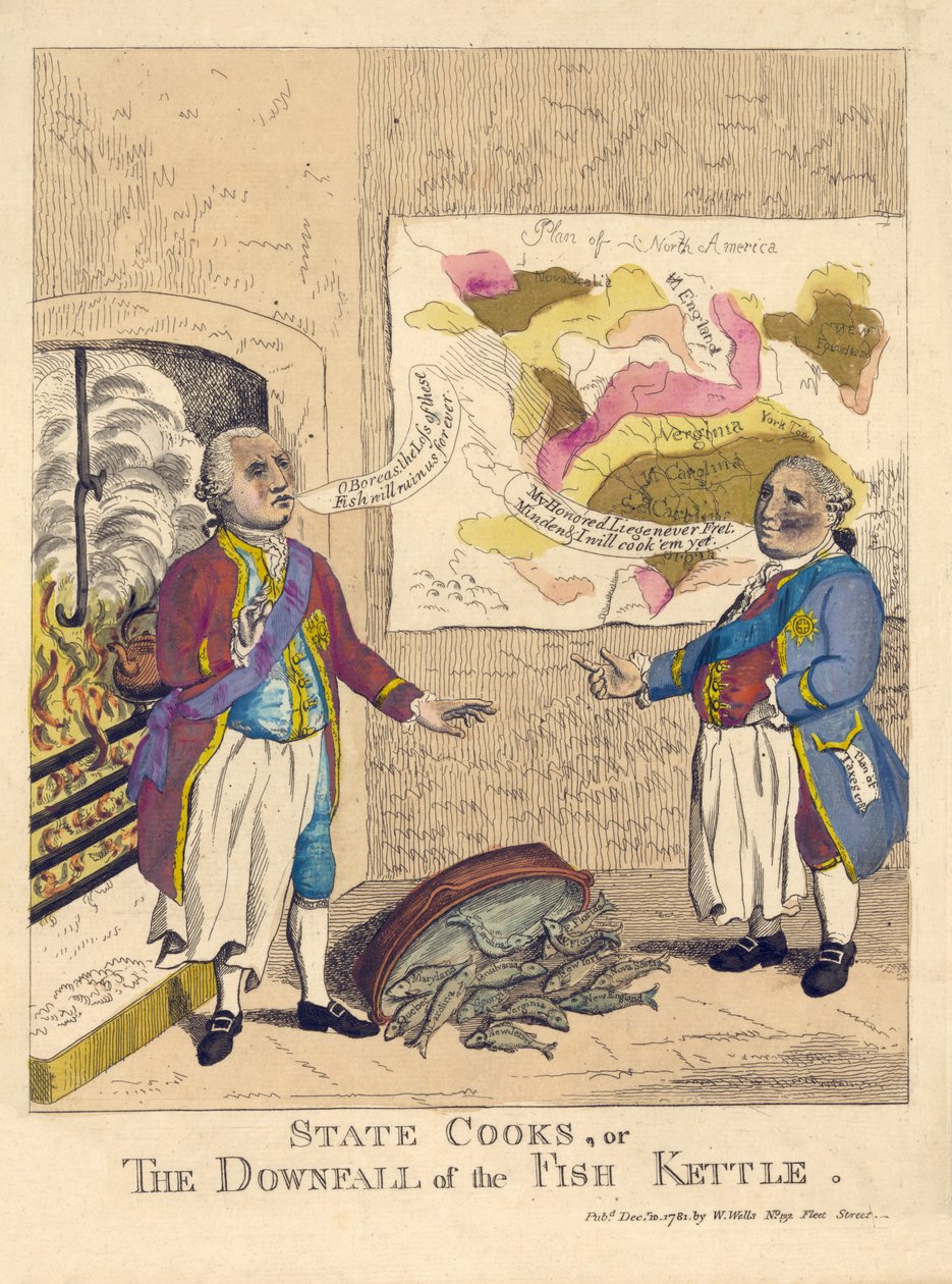 State Cooks lub The Downfall of the Fish Kettle, wyd. 1781 (grawerowanie ręcznie kolorowane) autorstwa English School