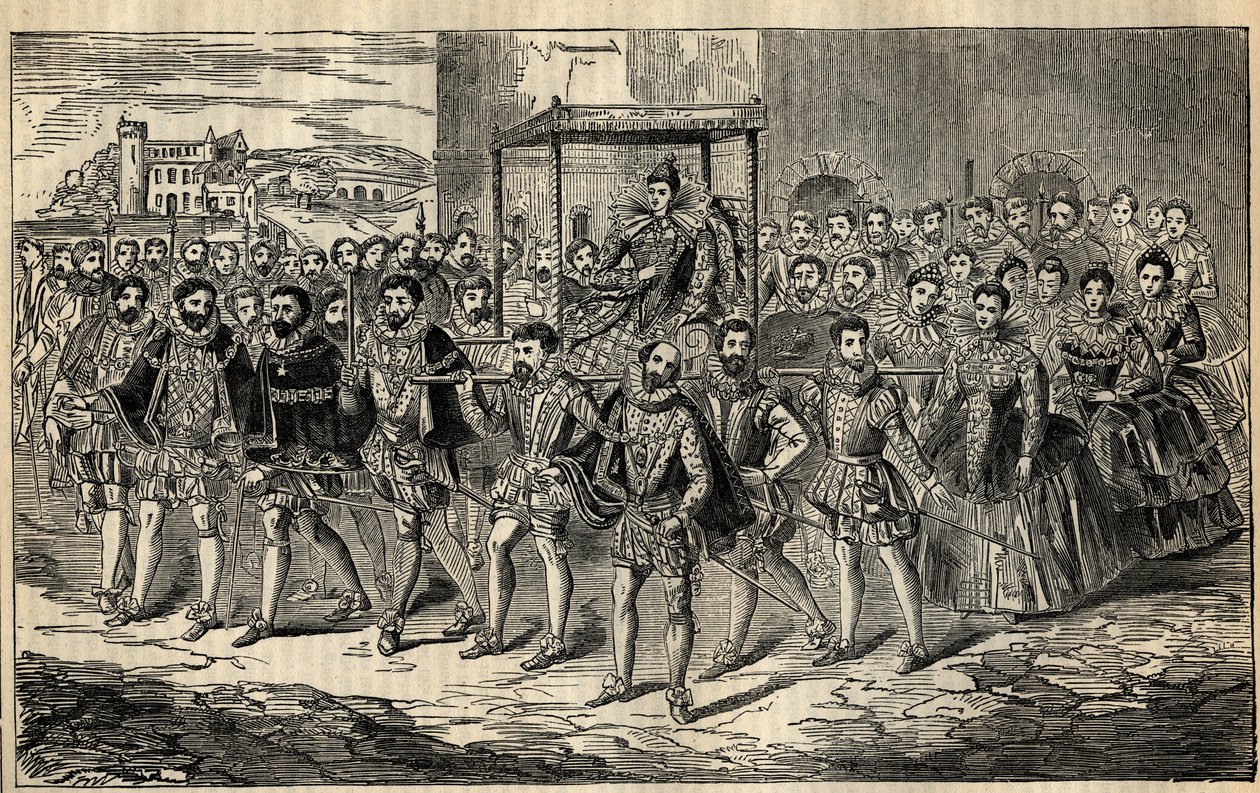 Postęp państwowy królowej Elżbiety - królowej Elżbiety I (1533-1603) z jej pośrednikami - Karolem, Lordem Howardem z Effingham; George Clifford, książę Cumberland; Thomas Butler, hrabia Ormonde; George Talbot, 7. hrabia Shrewsbury; Edward Somerset, hrabia  autorstwa English School