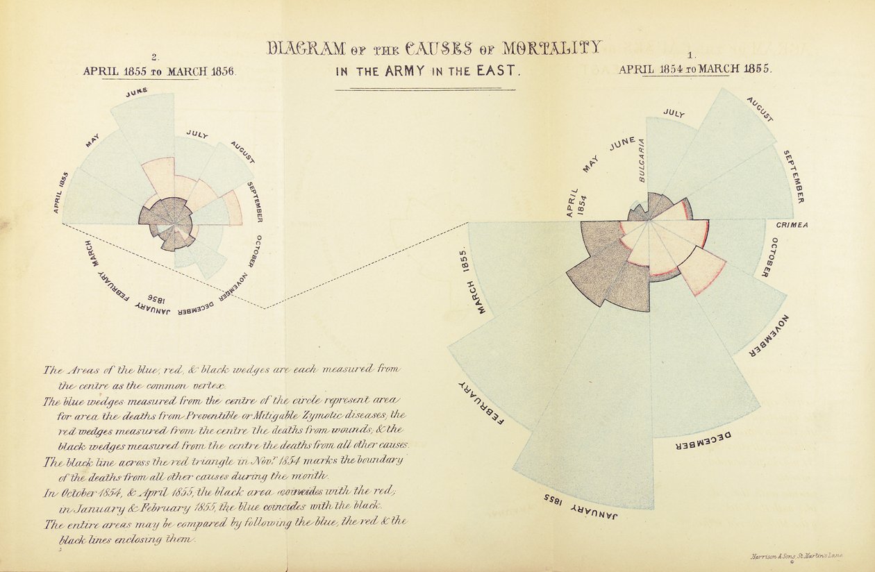 Wykres statystyczny wymyślony przez Florence Nightingale, aby pokazać przewagę chorób jako przyczynę śmiertelności w armii brytyjskiej podczas wojny krymskiej, kwiecień 1854 do marca 1855 i kwiecień 1855 do Ma autorstwa English School
