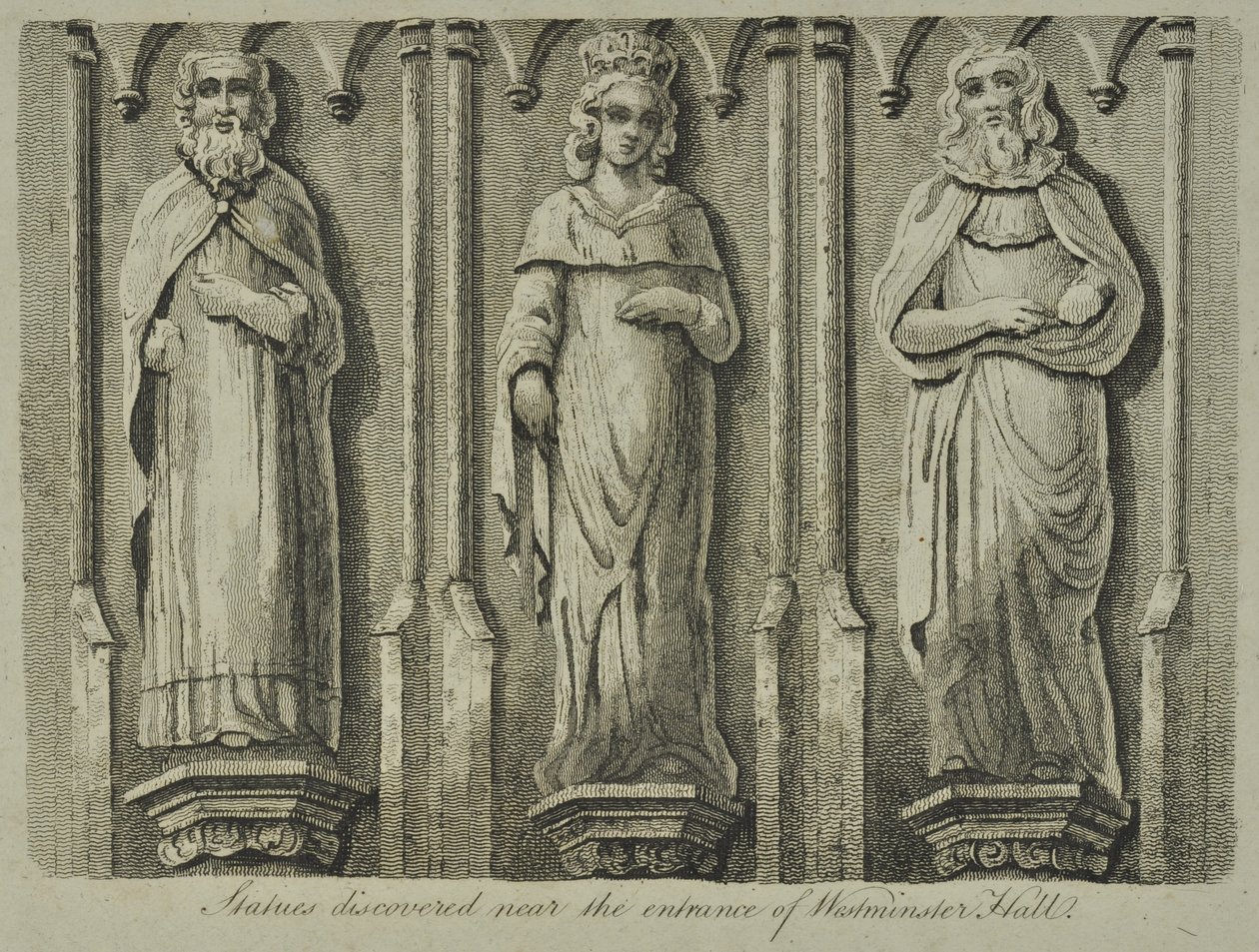 Posągi odkryte w pobliżu wejścia do Westminster Hall, 1807 autorstwa English School