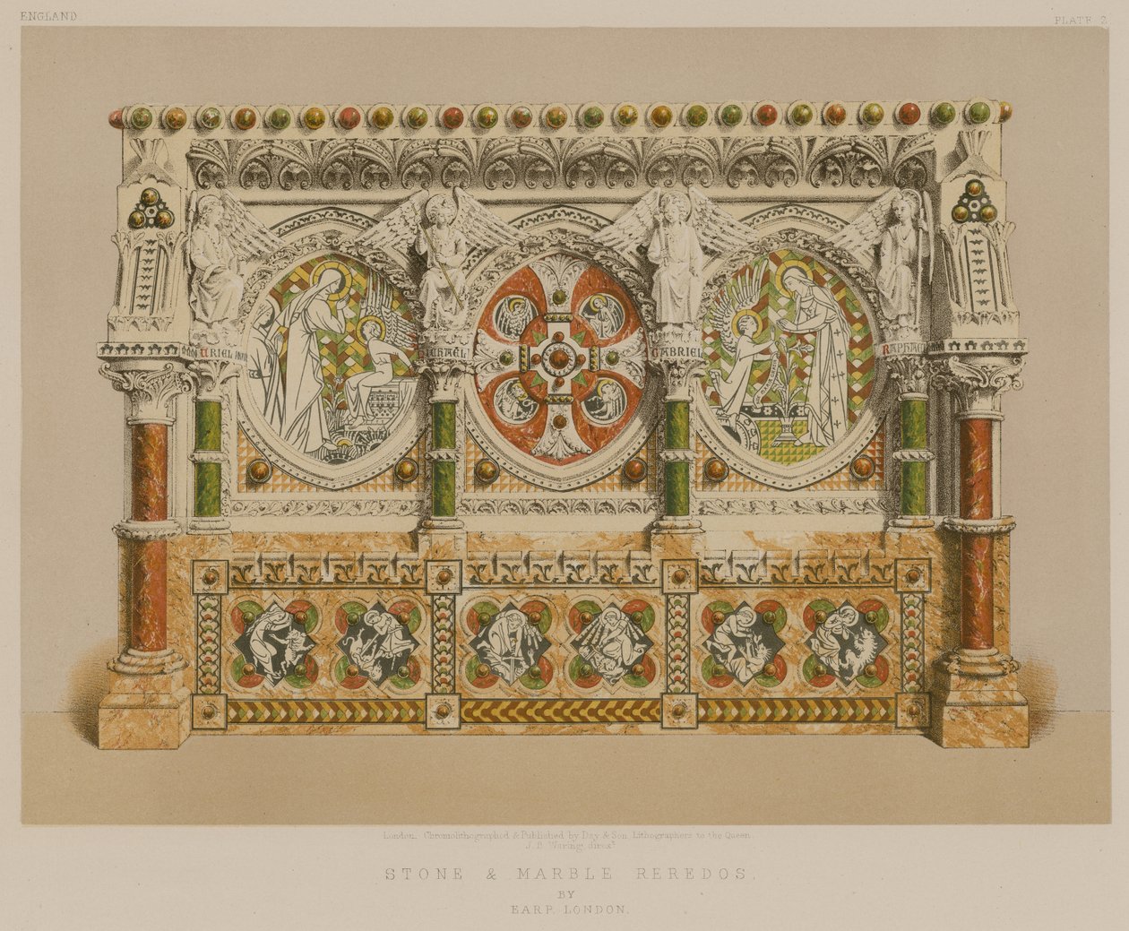 Reredos z kamienia i marmuru firmy Earp, Londyn (chromolit) autorstwa English School