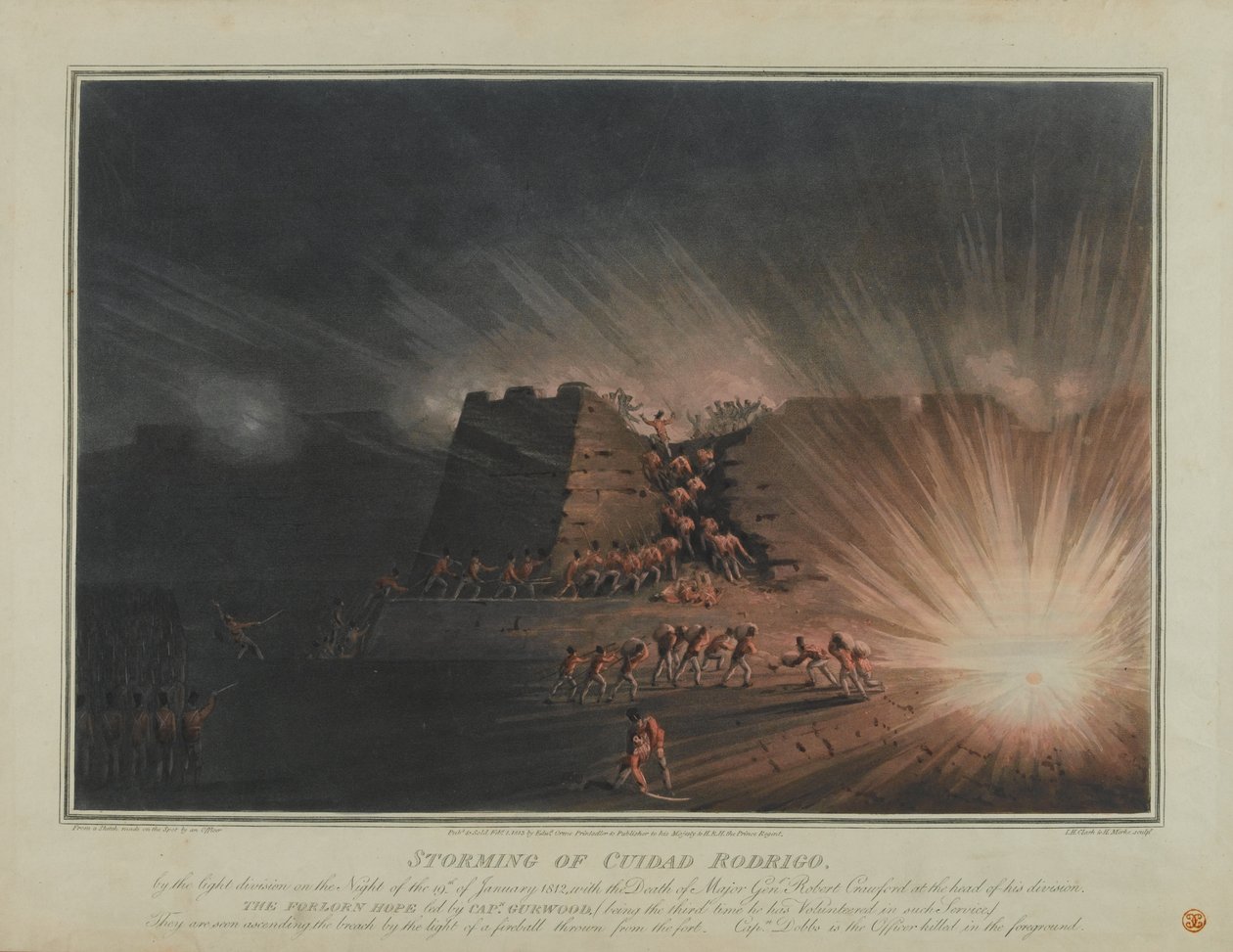 Szturm na Ciudad Rodrigo przez Lekką Dywizję w nocy 19 stycznia 1812 r., ryt. J.H. Clark i H. Merke, opublikowana w lutym 1815 (kolorowa akwatinta) autorstwa English School