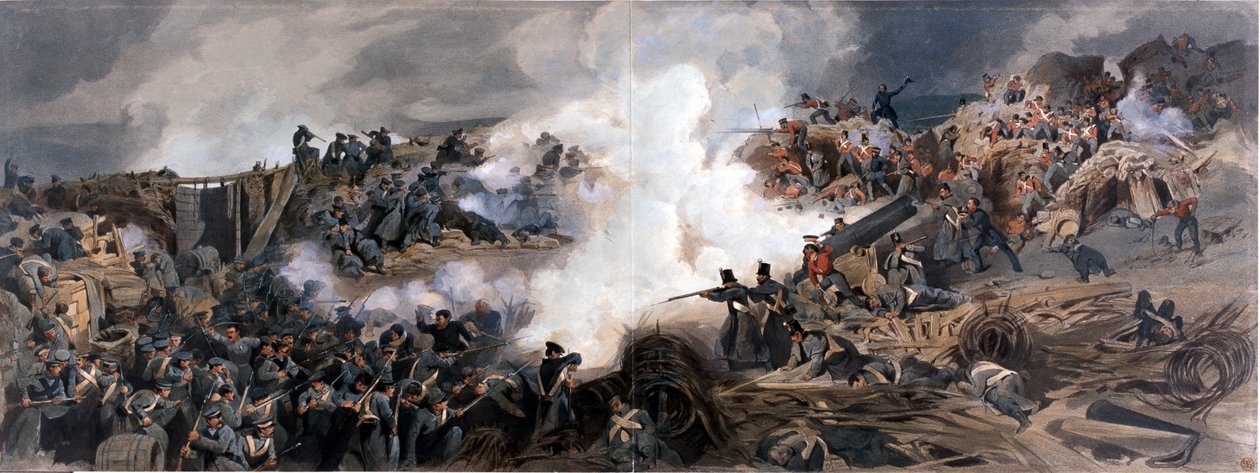 Szturm na Wielki Redan, Sewastopol, 1855, z Oficerskiej teki uderzających wspomnień wojennych z Rysunków, fotografii i notatek, wykonanych na miejscu, przerobionych na Pełne obrazy autorstwa English School