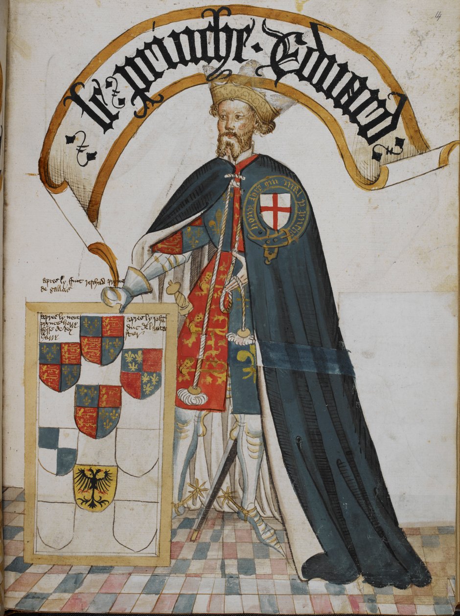 Stowe 594, f.14 Portret Edwarda, księcia Walii [Czarnego Księcia], rycerza założyciela Orderu Podwiązki, z „Pictorial Book of Arms of the Order of the Podwiązka” (Księga podwiązki Williama Bruge