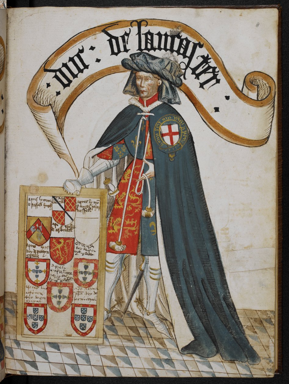 Stowe 594 f.8, Portret Henryka, księcia Lancaster, rycerza założyciela Zakonu Podwiązki, ilustracja z „Księgi podwiązkowej Williama Brugesa”, ok. 1450 (tempera na welinie) autorstwa English School