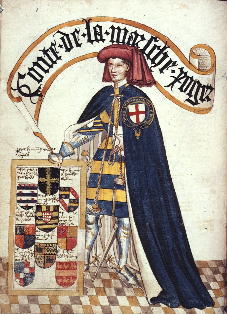Stowe 594 fol.15v Roger Mortimer (1328-1360) 2. hrabia marca w szatach do pończoch, z 