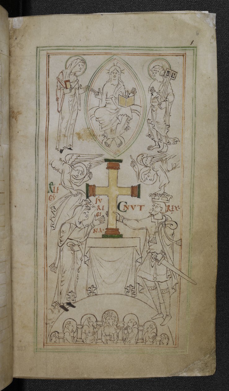 Stowe 944 f.6 King Cnut i jego królowa, Aelfgyfu, przedstawiający krzyż na ołtarzu nowego ministra, 