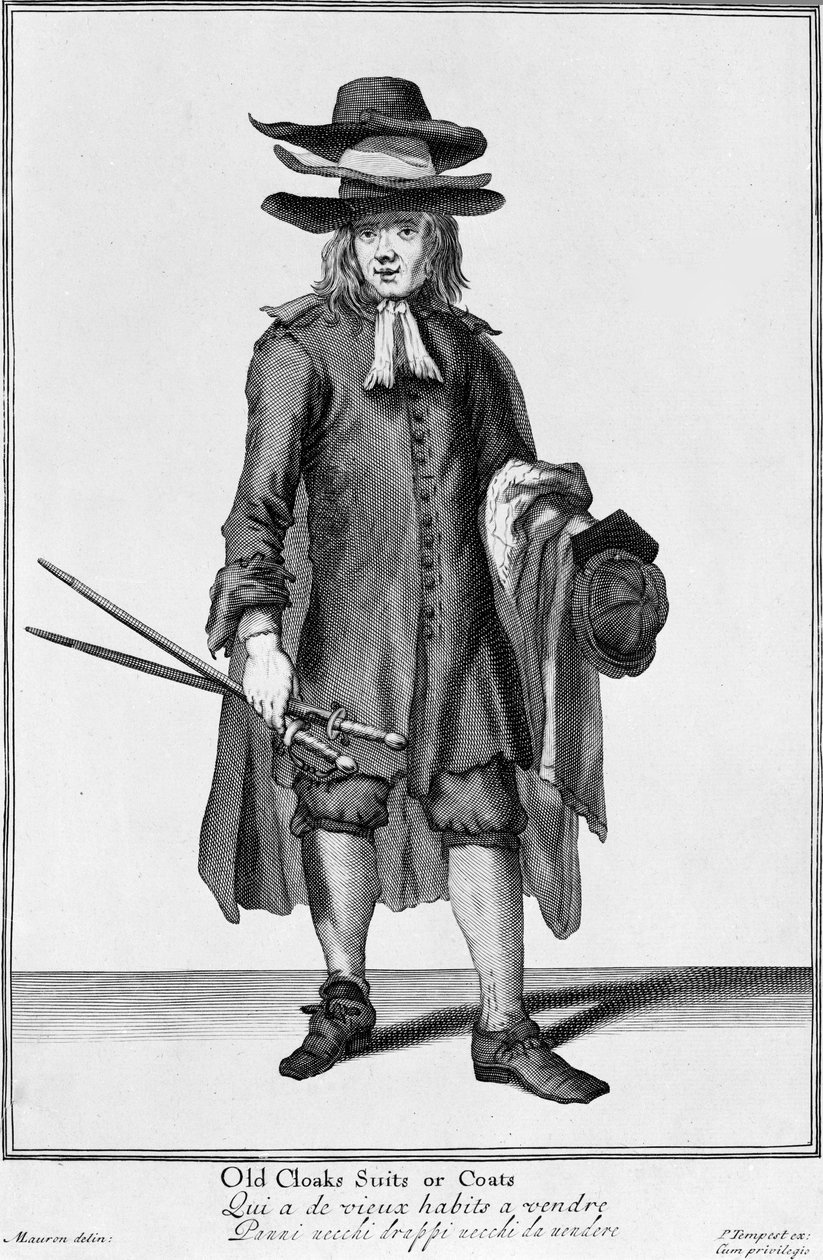 Sprzedawca uliczny sprzedający stare płaszcze, garnitury i płaszcze, 1666 autorstwa English School