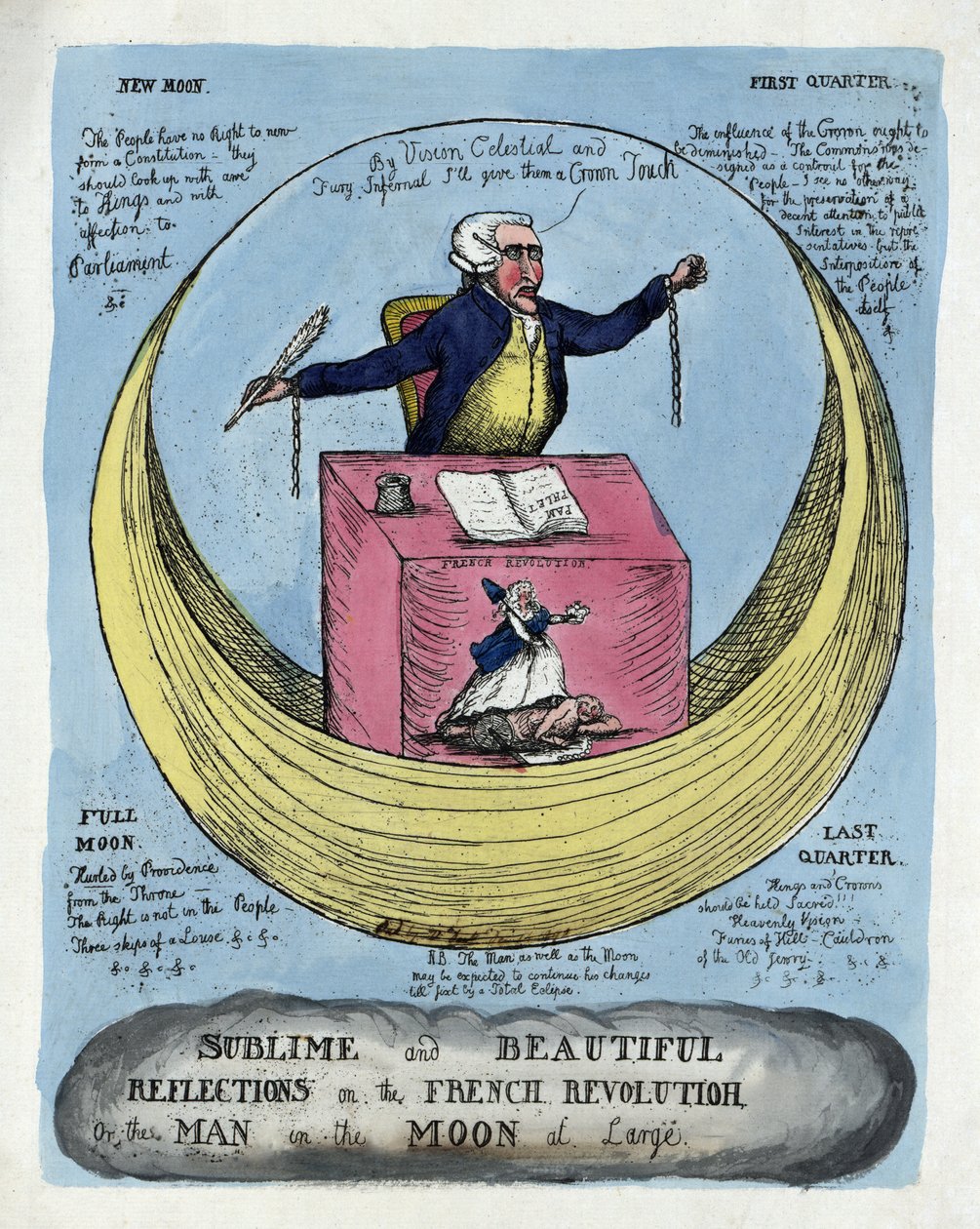 Wzniosłe i piękne refleksje na temat rewolucji francuskiej, czyli człowieka na księżycu na wolności, wyd. 1790 (grawerowanie ręcznie kolorowane) autorstwa English School