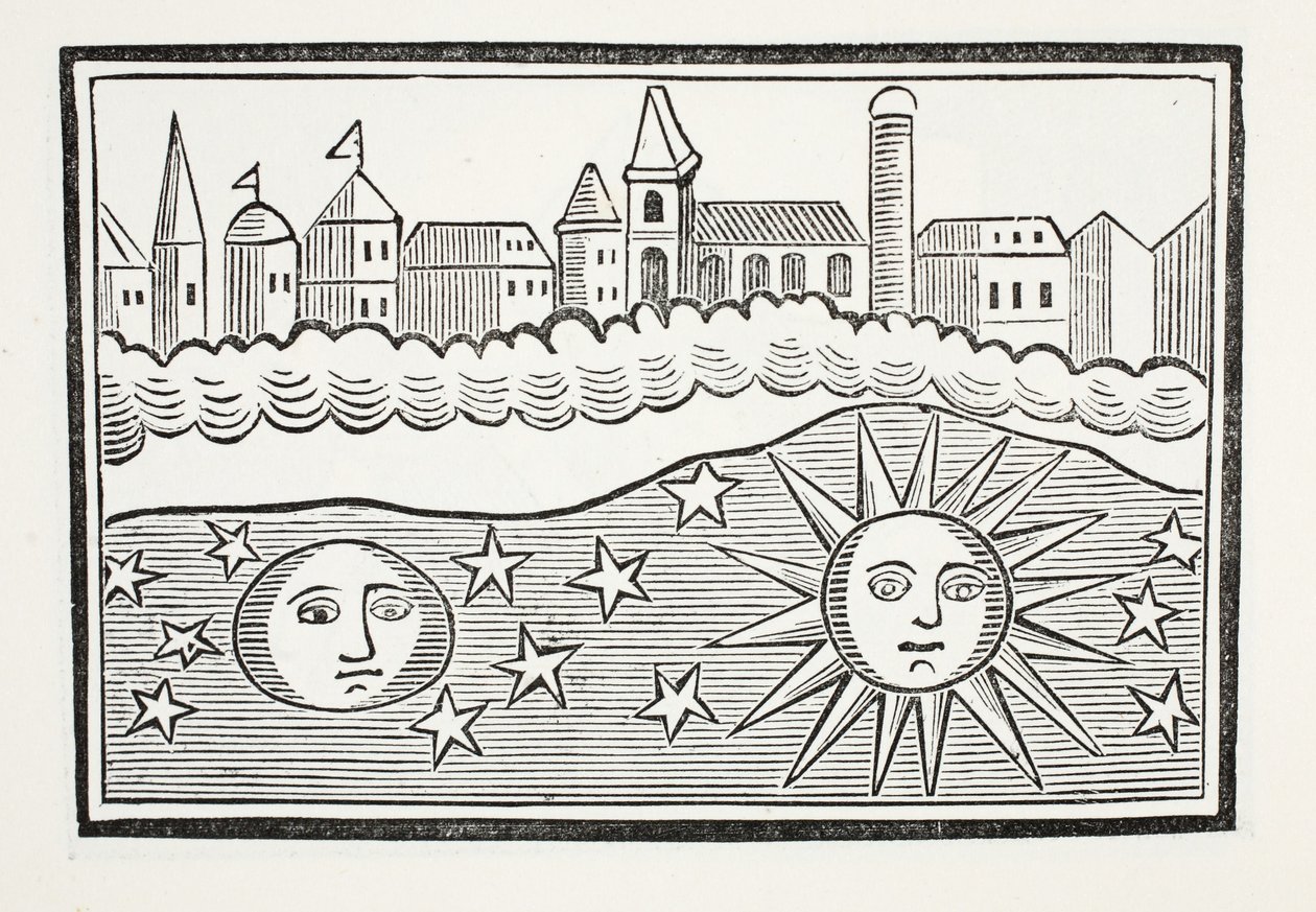 Sun, Moon, Stars and Earth Transposed, ilustracja z książki Chap z XVIII wieku autorstwa Johna Ashtona, wyd. 1882 autorstwa English School