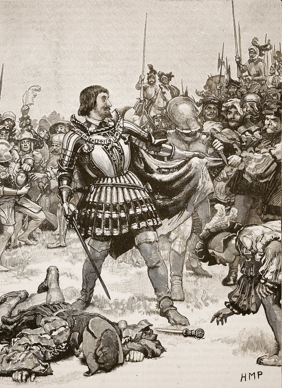 Kapitulacja Franciszka na polu bitwy pod Pawią, ilustracja z Cassells Illustrated History of England (zdjęcie w sepii) autorstwa English School