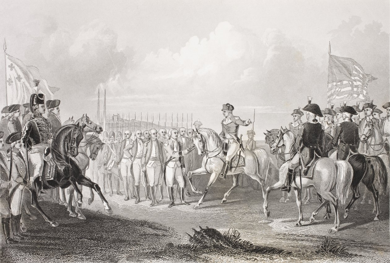 Poddanie się Lorda Cornwallisa w York Town, Wirginia, 19 października 1781, z "Galerii portretów historycznych", opublikowanej ok. 1880 r. autorstwa English School