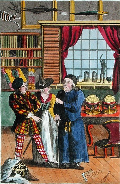 Przygoda Swaneya Cunninghama z astrologiem, ilustracja z „Życie i przygody najbardziej celebrowanych bandytów i ulicznych rabusiów...” wydana w 1822 r. (kolor litho) autorstwa English School