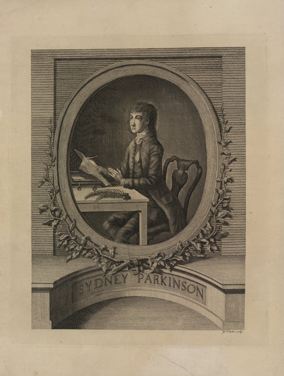 Sydney Parkinson, frontyspis z „Dziennika podróży na morza południowe, na statku Jego Królewskiej Mości, Endeavour (pod dowództwem kapitana Jamesa Cooka)” 1773 (rycina) autorstwa English School