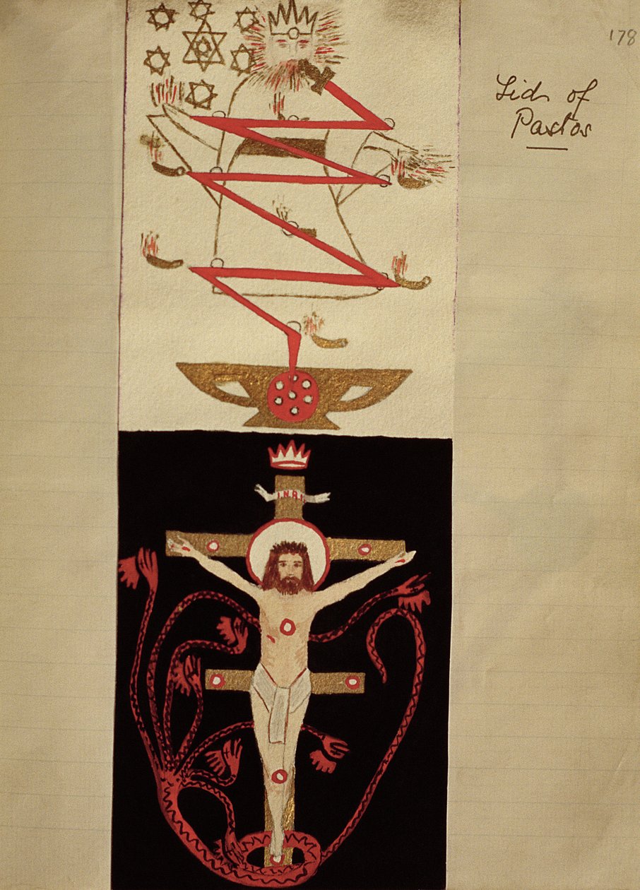 Symboliczne wzory na wieczku Pastos w skarbcu Adeptów, ok. 1895 (kolorowy tusz na papierze) autorstwa English School