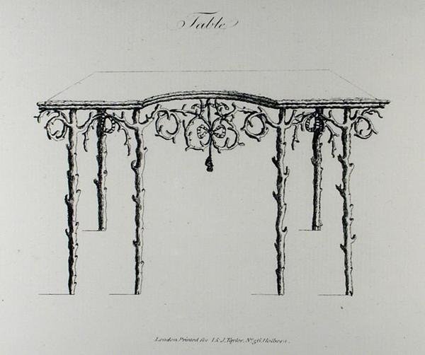 Stół, z „Grotesque Architecture, or Rural Amusement”, Williama Wrighte, opublikowany 1768 (rycina) (zdjęcie czarno-białe) autorstwa English School