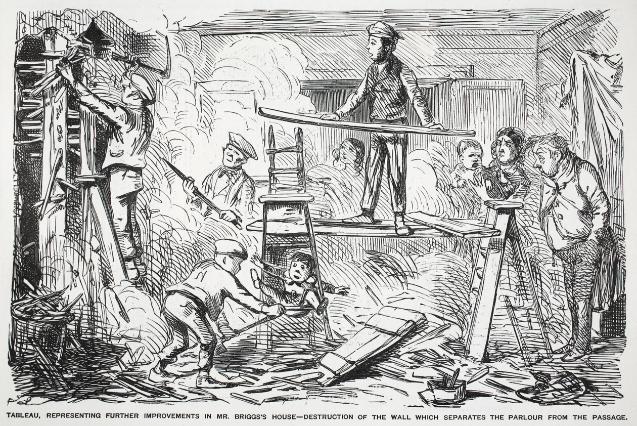 Tableau, przedstawiające kolejne ulepszenia domu pana Briggssa - zniszczenie ściany oddzielającej salon od przejścia, ilustracja z Puncha autorstwa English School