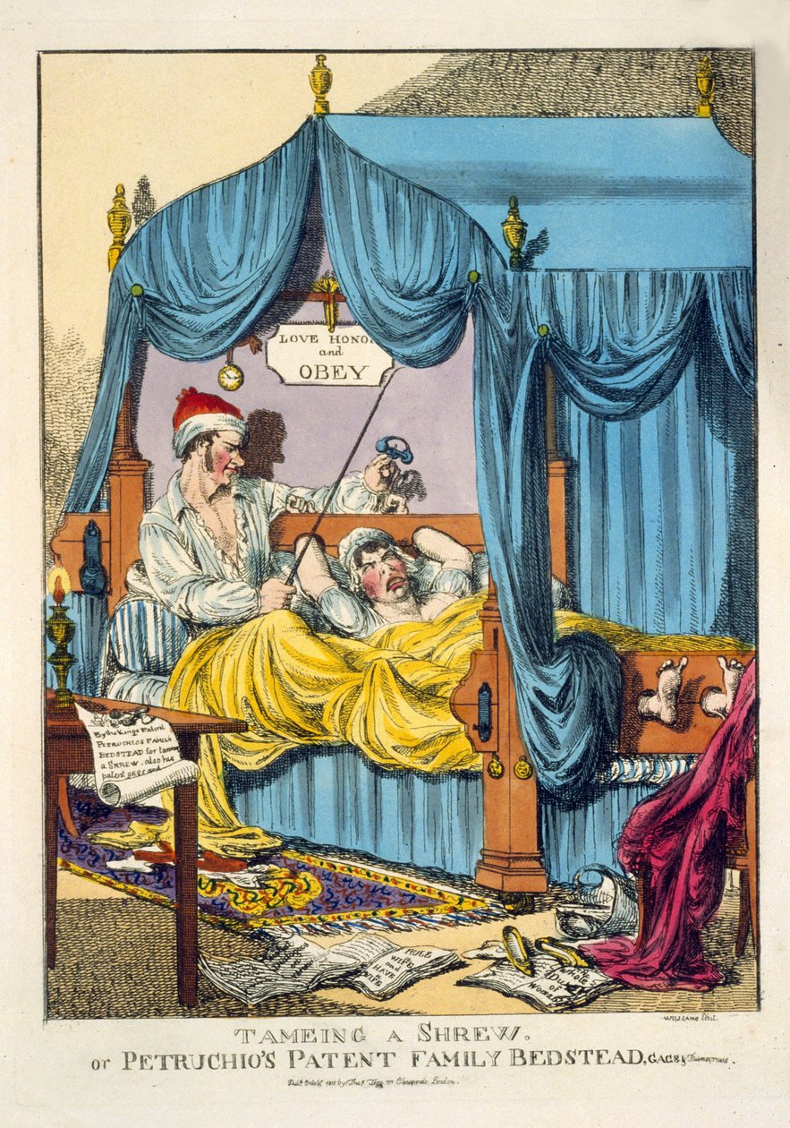 Oswajanie złośnicy lub patentowej rodziny Petruchio Bedstead, Gag & Thumscrews, pub. Londyn 1815 (grawerowanie) autorstwa English School