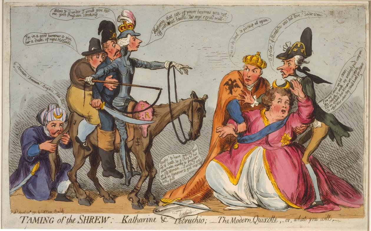 Poskromienie złośnicy: Katharine i Petruchio; Nowoczesny Kichot, czyli co wolisz 1791 (akwaforta ręcznie kolorowana) autorstwa English School