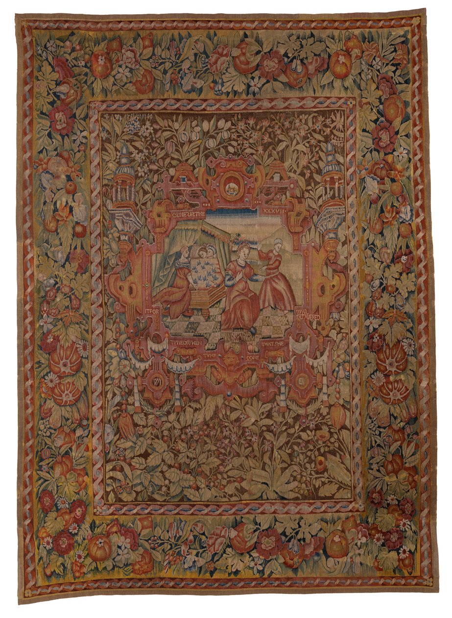 Gobelin wiszący z zestawu Chastleton House, narodziny Fareza i Zary, synów Judy i Tamasa, z Księgi Rodzaju XXXVIII, wykonany w Sheldon w Anglii, ok. 1595 r. (wełna) autorstwa English School