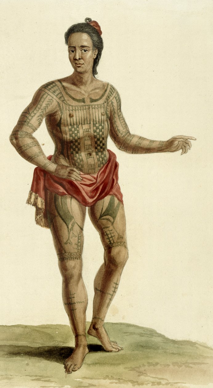 Wytatuowany wojownik hawajski, 1824 autorstwa English School