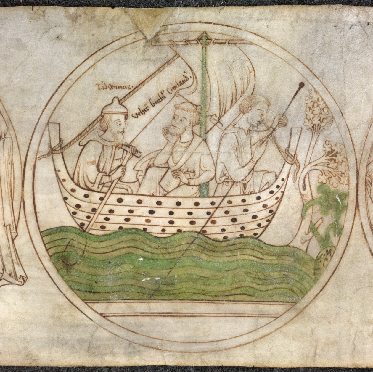 Tatwin przewozi Guthlac łodzią do Crowland, z „Guthlac Roll” c.1210 (welin) autorstwa English School