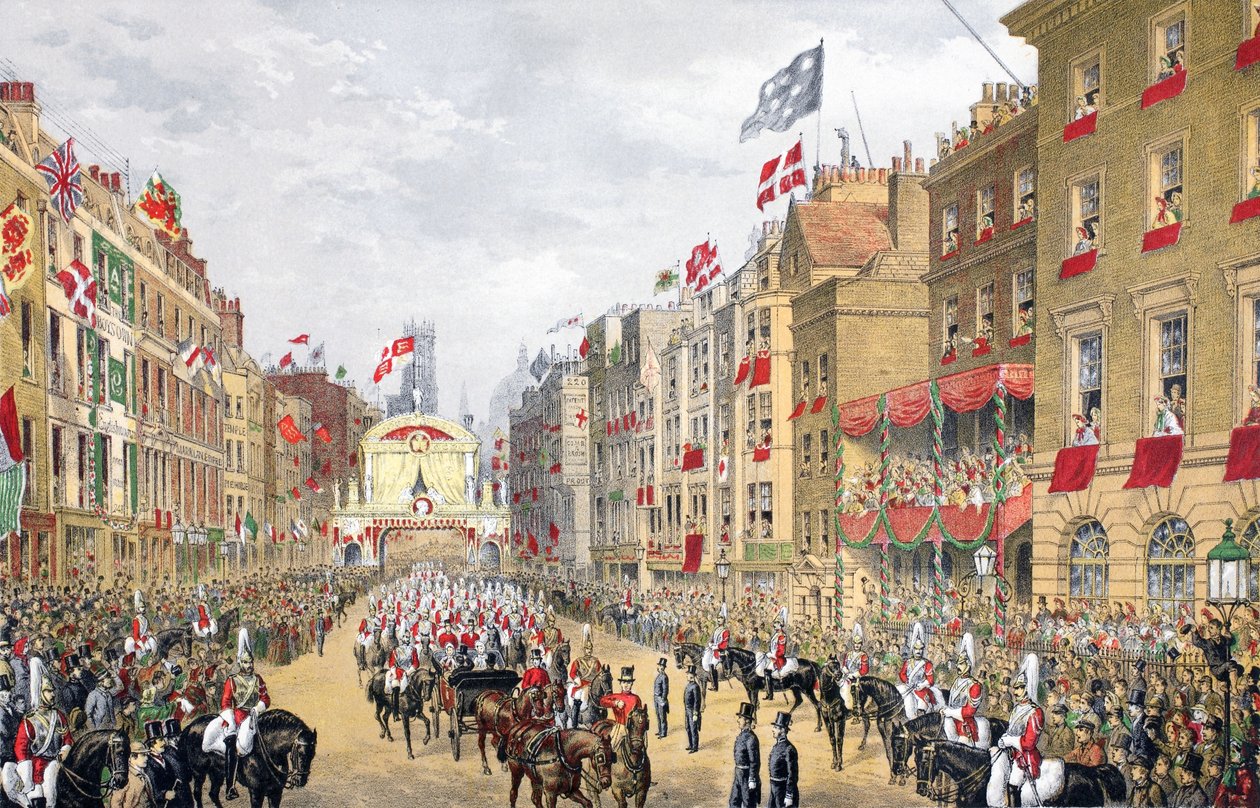 Temple Bar, 7 marca 1863, z „Memoriału małżeństwa Edwarda VII i Aleksandry z Danii”, wyd. 1864 autorstwa English School