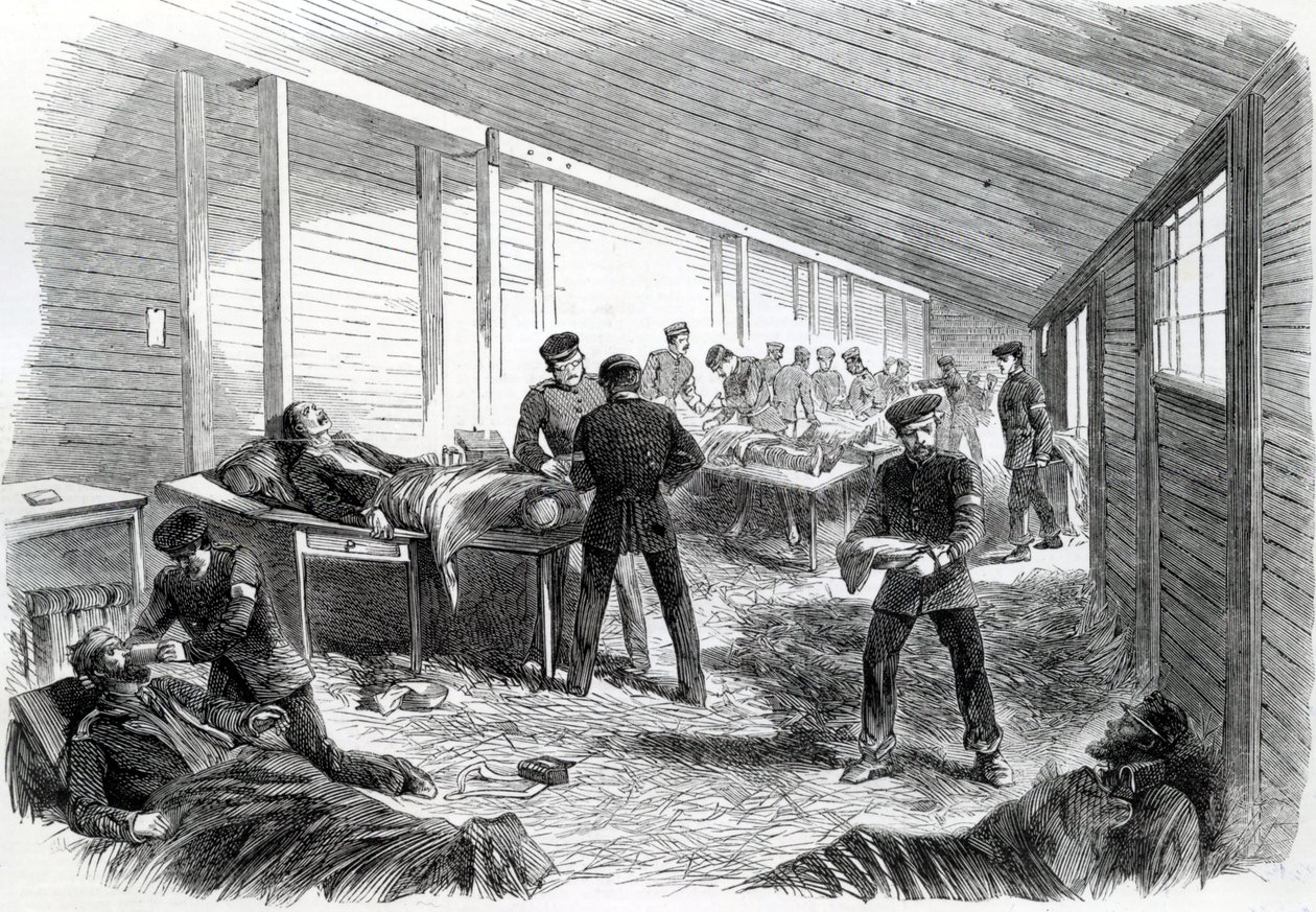 Tymczasowy szpital polowy za drugim równoleżnikiem pruskim w Dueppel, 1864 r autorstwa English School