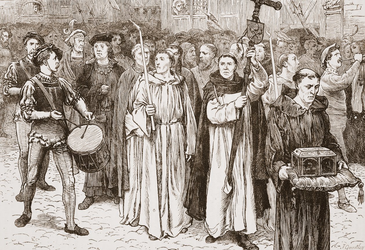 Procesja Tetzels, ilustracja z Historii protestantyzmu Jamesa Aitkena Wylie (1808-1890), wyd. 1878 autorstwa English School