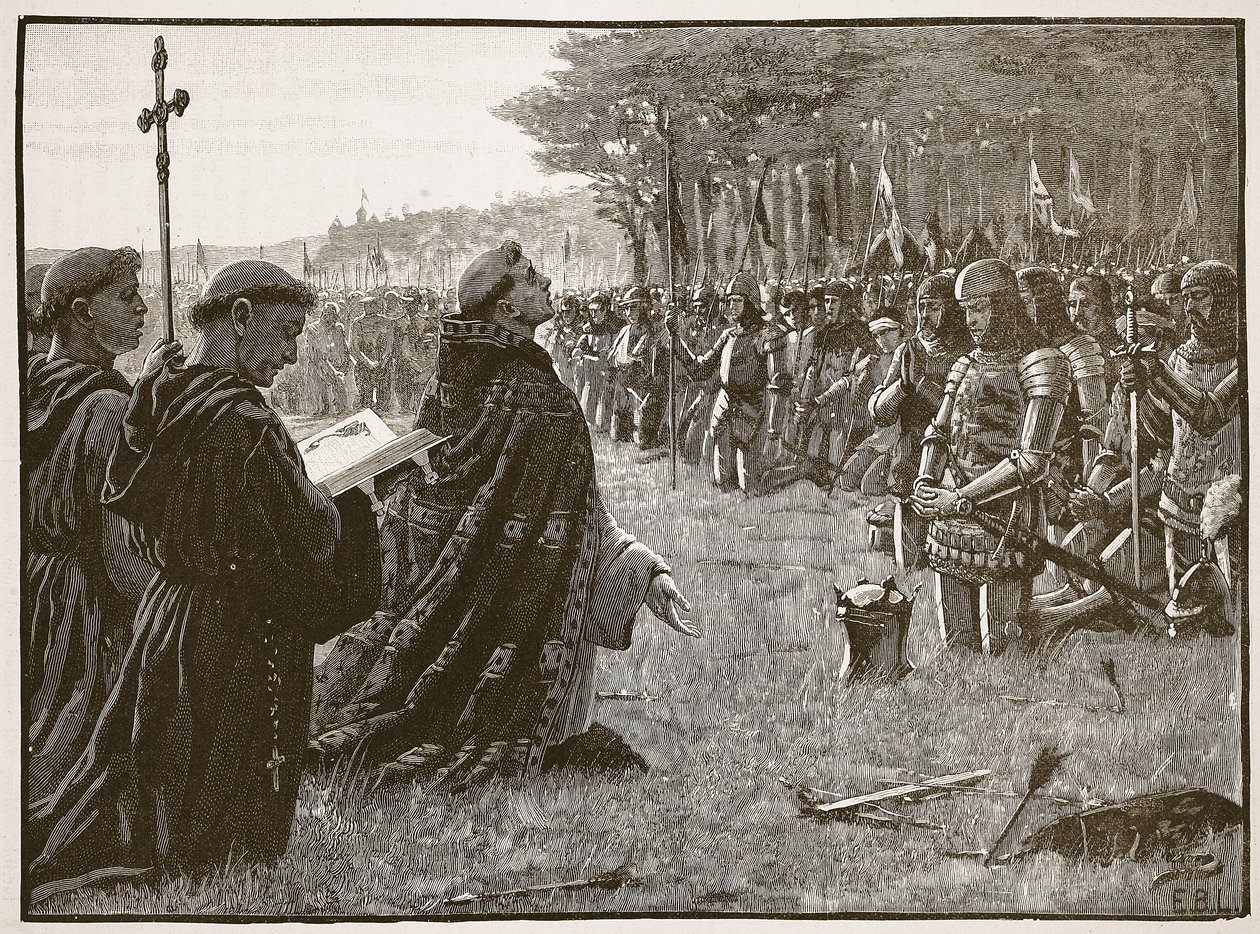 Święto Dziękczynienia armii angielskiej po bitwie pod Agincourt, 25 października 1415, ilustracja z Cassells Illustrated History of England (zdjęcie w sepii) autorstwa English School