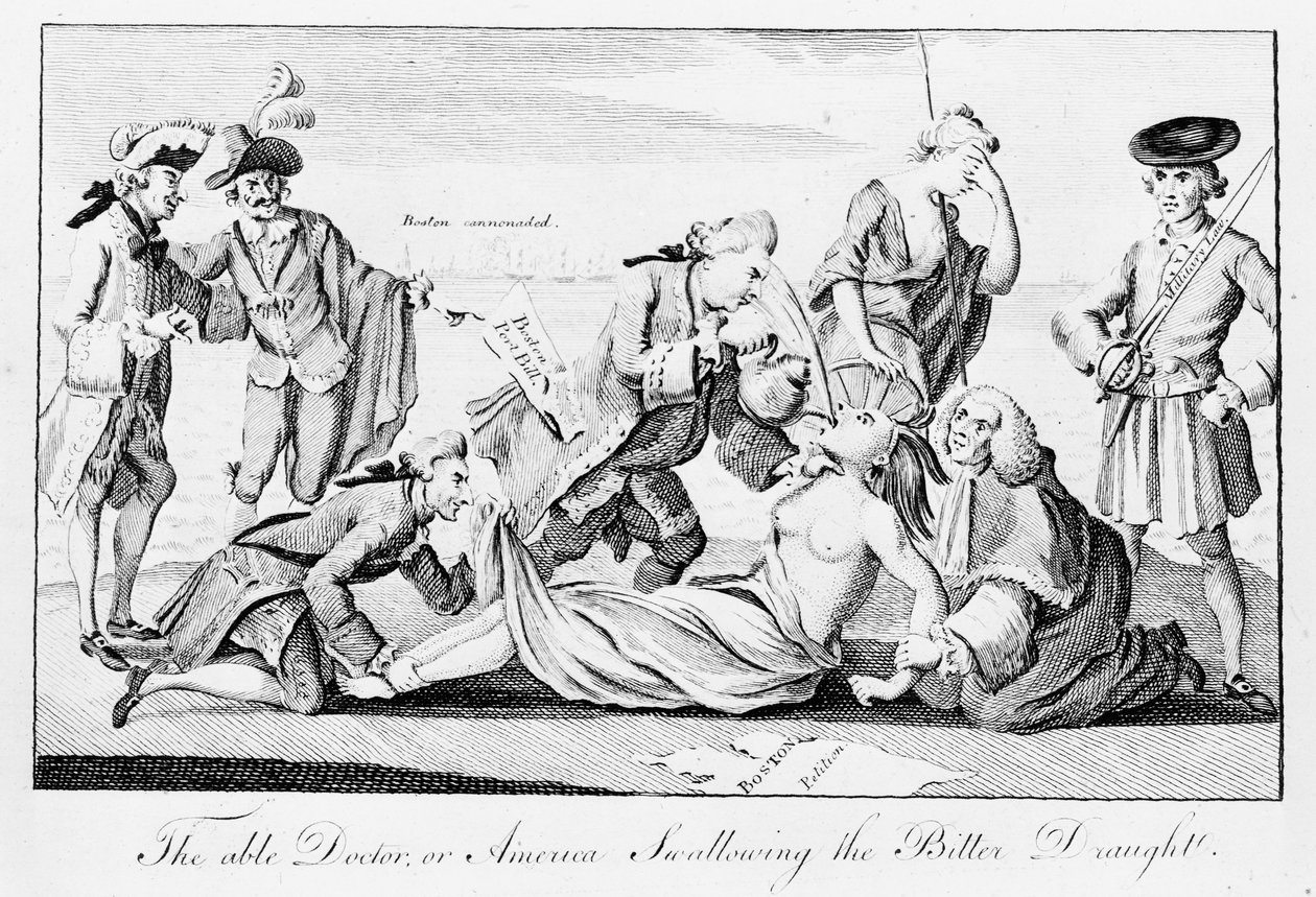 The Able Doctor lub America Swallowing the Bitter Draught, opublikowany w London Magazine, 1 maja 1774 (newsprint) autorstwa English School