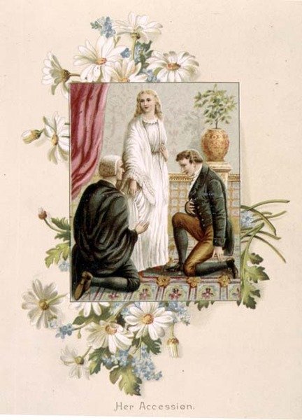 Akcesja królowej Wiktorii, 20 czerwca 1837, ilustracja z książki "Fifty Golden Years" autorstwa pani Craik, wyd. Raphael Tuck autorstwa English School
