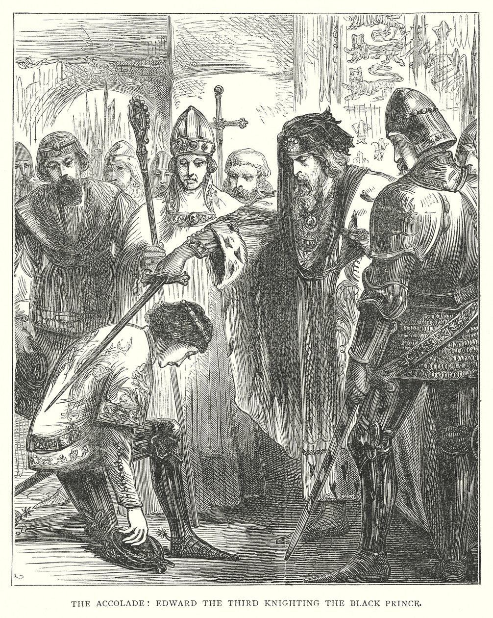Odznaczenie: Edward Trzeci pasujący Czarnego Księcia na rycerza (rycina) autorstwa English School