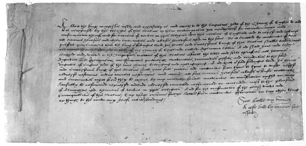 Akt supremacji uznający Henryka VIII za głowę Kościoła anglikańskiego, 1534 (atrament na papierze) autorstwa English School