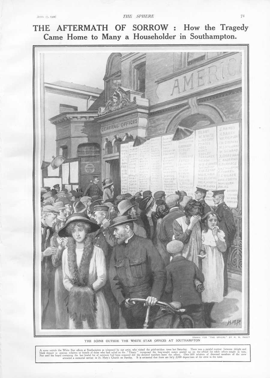 Następstwa smutku: jak tragedia trafiła do domu wielu domowników w Southampton, z The Sphere, 27 kwietnia 1912 autorstwa English School