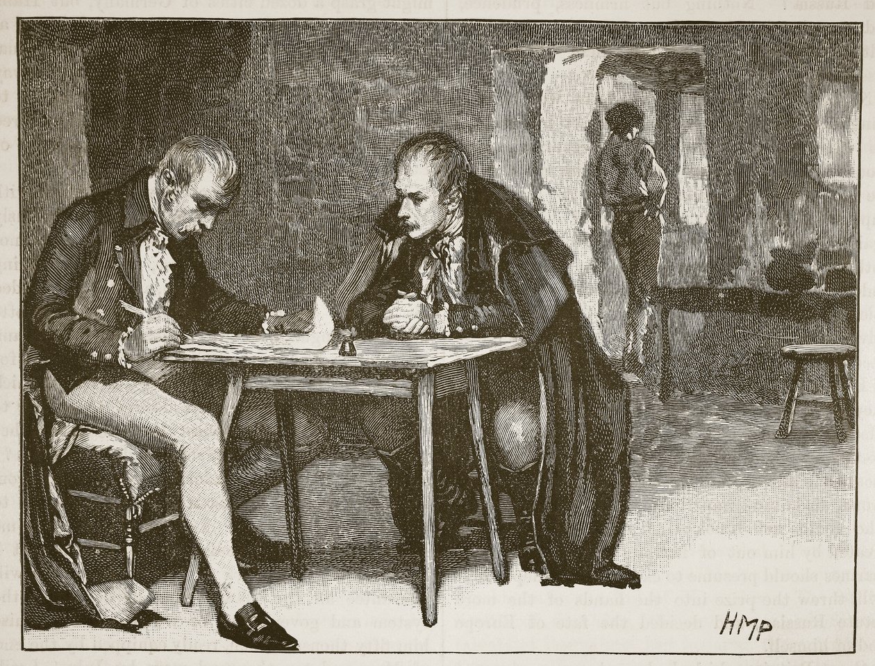 Agenci Wielkiej Brytanii i Szwecji podpisujący traktat przeciwko Napoleonowi, ilustracja z Cassells Illustrated History of England (zdjęcie w sepii) autorstwa English School