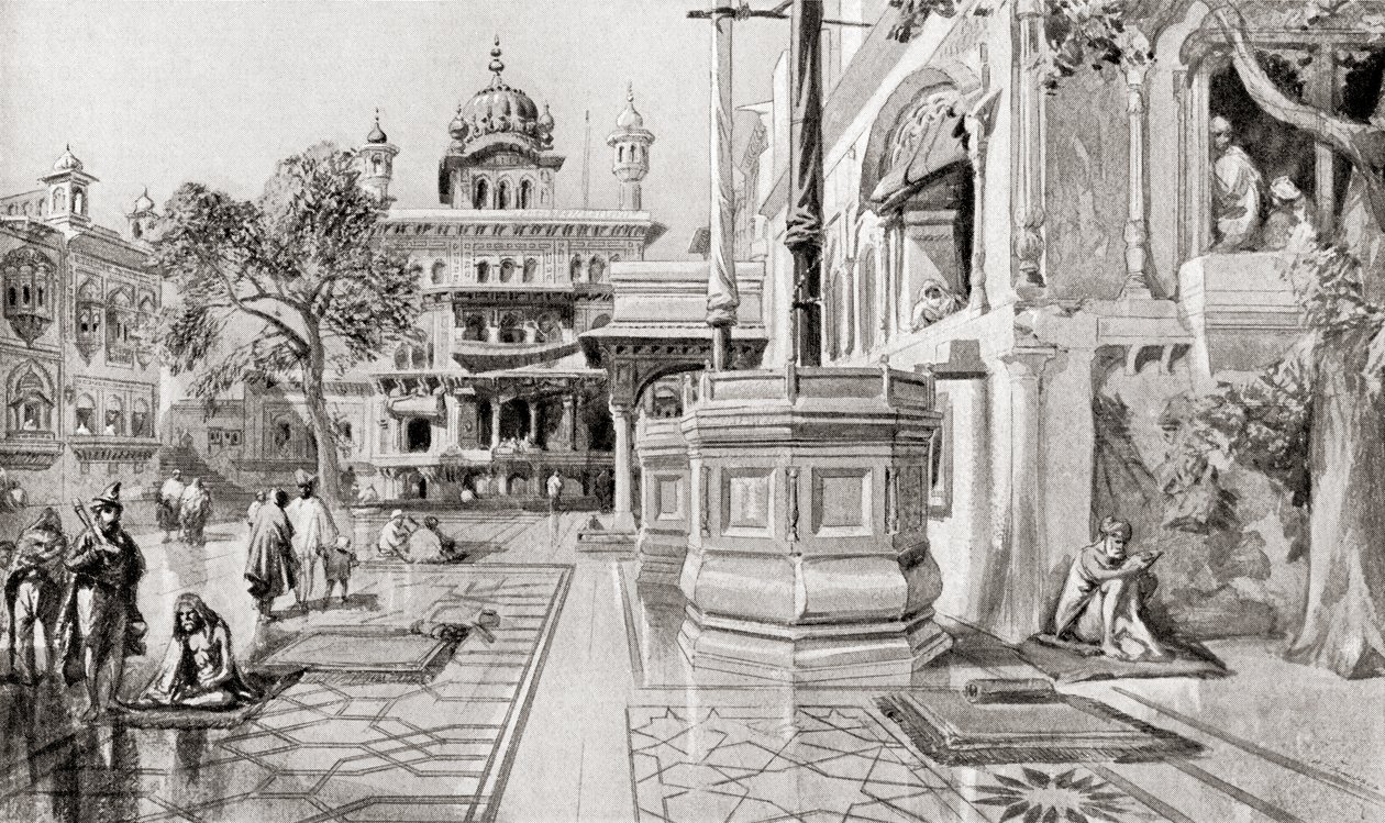 Akal Takht lub Akal Bunga, kompleks Harmandir Sahib (Złota Świątynia), Amritsar, Pendżab, Indie w 1864 r., z Hutchinson