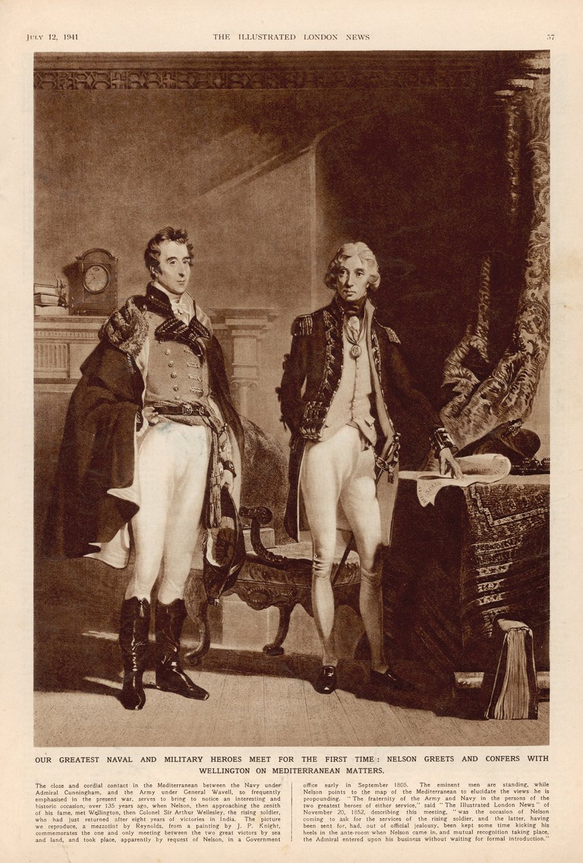 Armia i marynarka wojenna: wywiad między Arthurem Wellesleyem (1769-1852) księciem Wellington i lordem Horatio Nelsonem (1758-1805) z The London Illustrated News, 12 lipca 1941 r. autorstwa English School