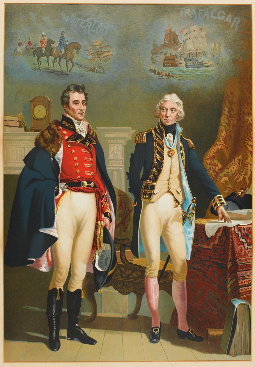 Armia i marynarka wojenna reprezentujące jedyny wywiad pomiędzy Wielkimi Dowódcami, Wellingtonem (1769-1852) i Nelsonem (1758-1805) c.1890 autorstwa English School