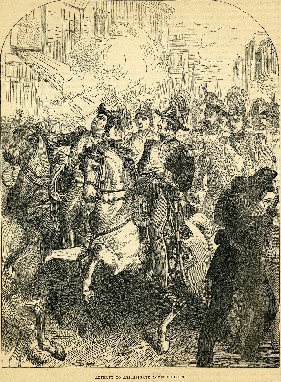 Próba zamachu na króla Francji Ludwika Filipa, ilustracja zaczerpnięta z Cassells Illustrated History of England, 18571858 autorstwa English School