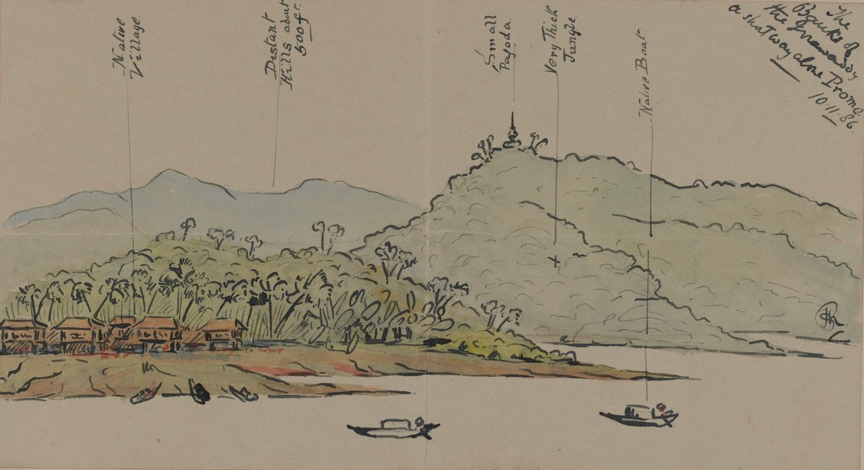 The Banks of the Irrawaddy, Birma, 1886 (toaleta z piórem i atramentem na papierze) autorstwa English School