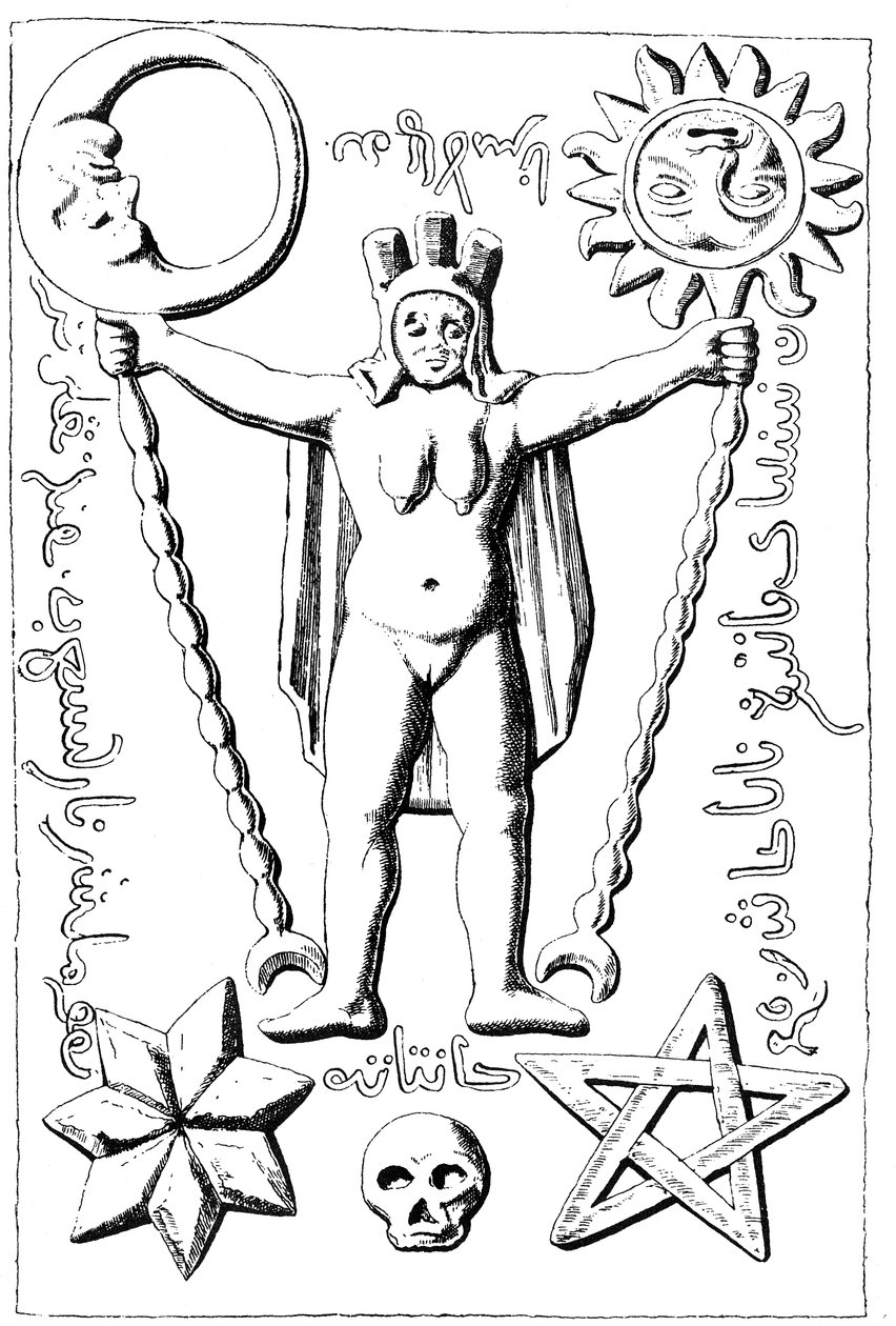 Bafomet templariuszy, ilustracja kamiennej trumny znalezionej w Essarois (burgund) autorstwa English School