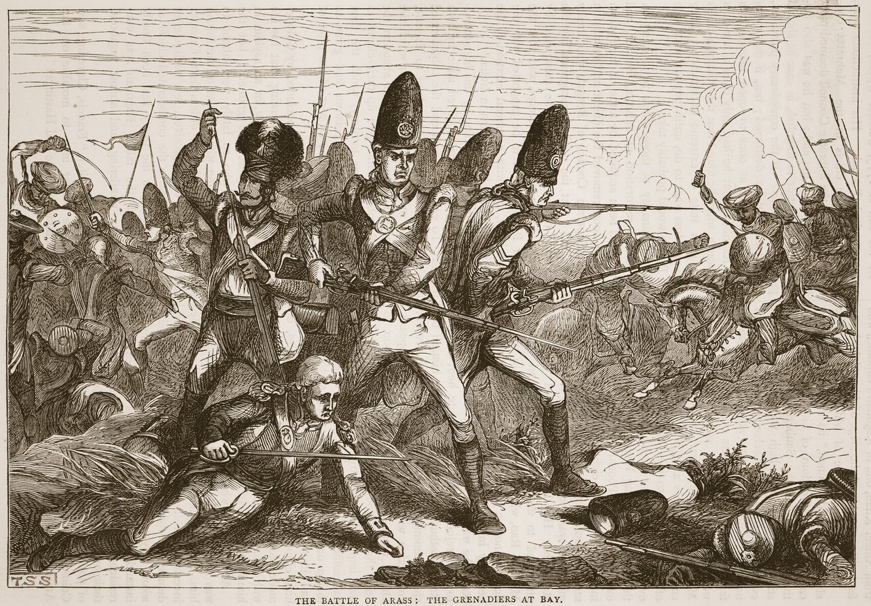 Bitwa pod Arras: Grenadierzy na dystans, ilustracja z Ilustrowanej Historii Indii Cassella autorstwa Jamesa Granta, wyd. 1879 autorstwa English School