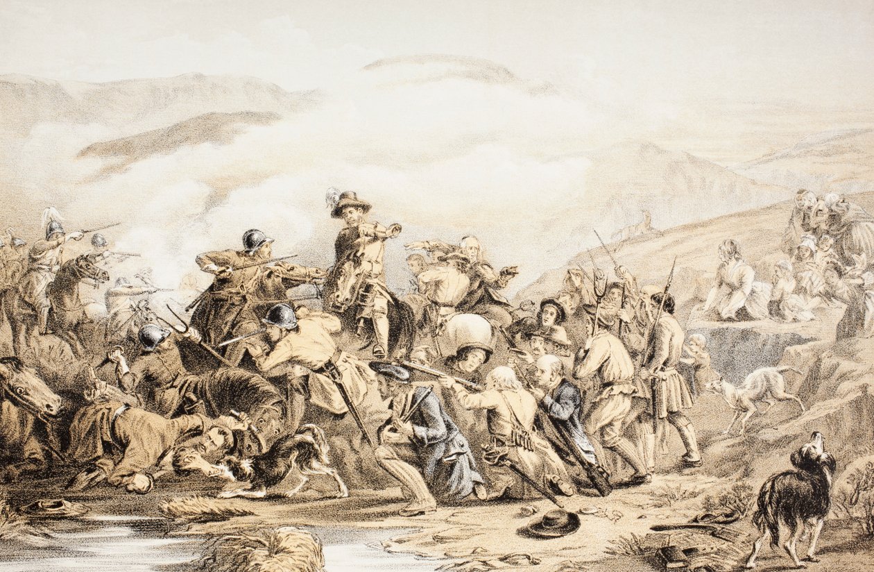 Drumclogo mūšis, 1679 m. birželio 1 d., iš „Škotų verti pagal Howie antrąjį leidimą, 1781“, John Howie (1735–1793), išleistas 1879 m. autorstwa English School