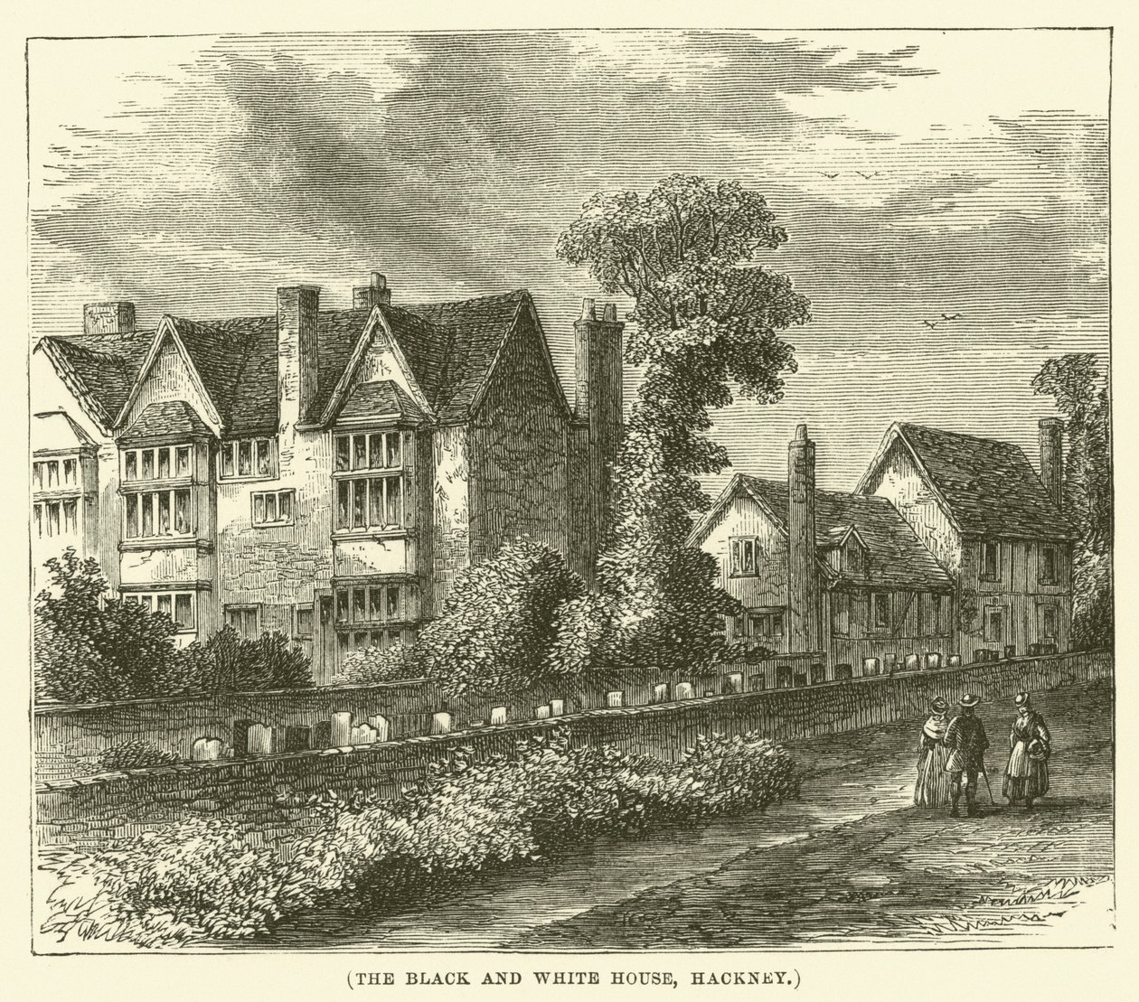 Czarno-biały dom, Hackney (grawerunek) autorstwa English School