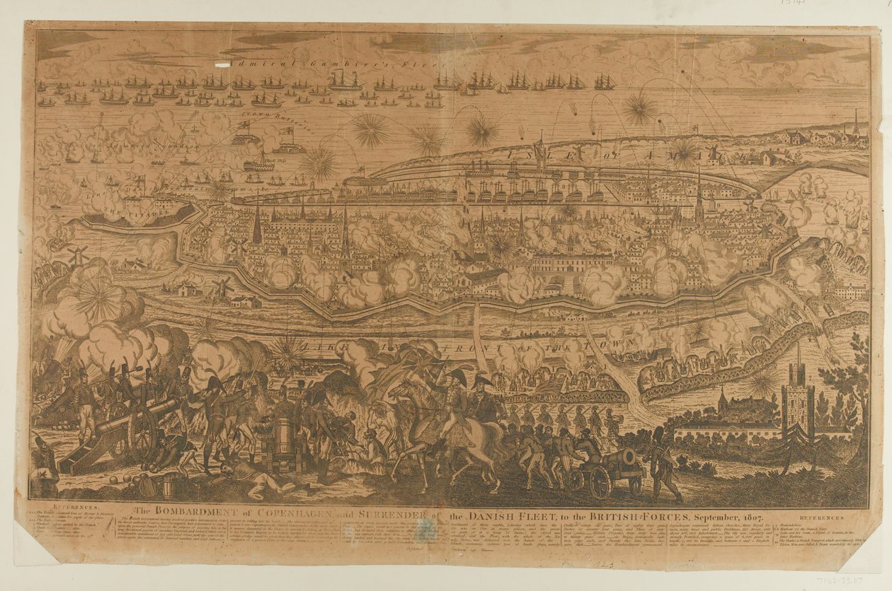 Bombardowanie Kopenhagi i kapitulacja floty duńskiej, wrzesień 1807 r., opublikowane przez Johna Fairburna w 1807 r. autorstwa English School