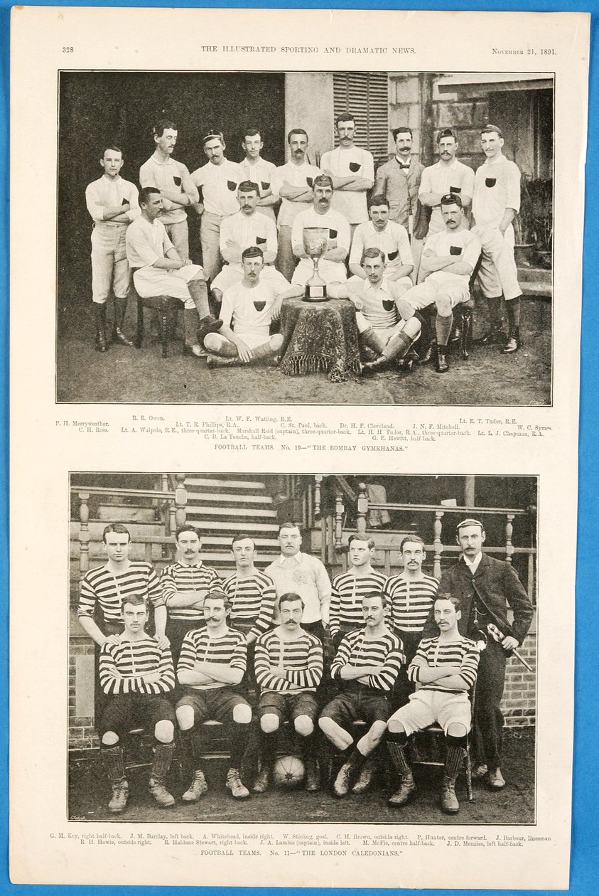 Bombay Gymkhanas i The London Caledonians, drużyny piłkarskie przedstawione w The Illustrated Sporting and Dramatic News, 21 listopada 1891 autorstwa English School